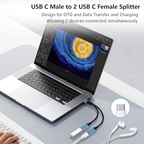 USB C to Dual USB Type C Female Splitter Cable Earphone Adapter Type C OTG Splitter with Data Transfer Compatible with iPad Pro, iPad Air 7/6/5, MacBook, iPhone 17/16/15, Galaxy S25/S24/S23, Pixel 9