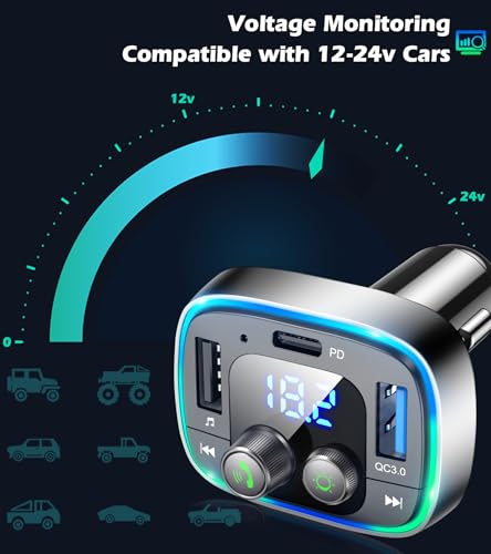 LIHAN Bluetooth Car Adapter 5.4, FM Transmitter, 48W PD/QC Charger | Enjoy Bluetooth music, GPS navigation and hands-free calling while charging devices with powerful 48W PD/QC fast charging