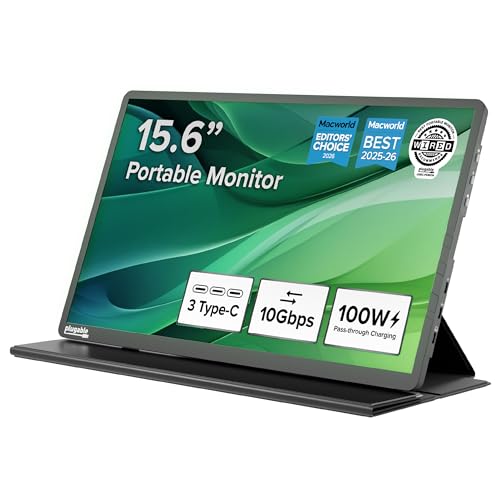 Plugable 15.6" USB-C Portable Monitor with 100W Pass-Through Charging | 2X USB-C 10Gbps Hub | FHD 1920x1080 IPS Display for Mac, Windows, iPad, Smartphone | 1.85lbs, Travel Cover/Stand Included