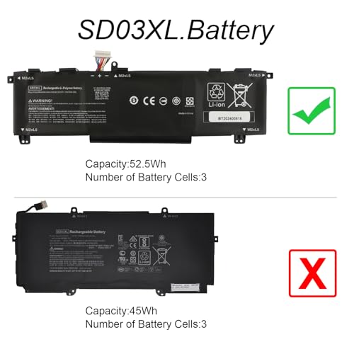 52.5Wh SD03XL Battery Replacement for HP Omen 15 2020 15-EK0000 15-EK0013DX | Omen 15-EN 15-EN0000 15-EK0023DX 15-EK0025TX 15-EK0010TX 15-EN0013AX 15-EN0002LA SD06XL L84392-005 L84394-005 11.55V 3-Cell - size: 10.23*3.15*0.27 inch SD03XL