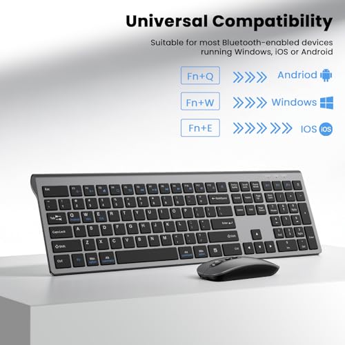 Rechargeable Wireless Bluetooth Keyboard and Mouse Combo, Full Size Silent Ergonomic Scissor Switch Keyboard and Optical Mouse Set, 2.4G Lag-Free Cordless Keyboard Mice for Computer,Mac,Laptop,PC-Grey