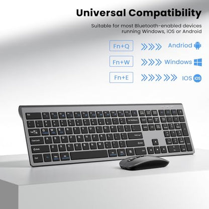 Rechargeable Wireless Bluetooth Keyboard and Mouse Combo, Full Size Silent Ergonomic Scissor Switch Keyboard and Optical Mouse Set, 2.4G Lag-Free Cordless Keyboard Mice for Computer,Mac,Laptop,PC-Grey