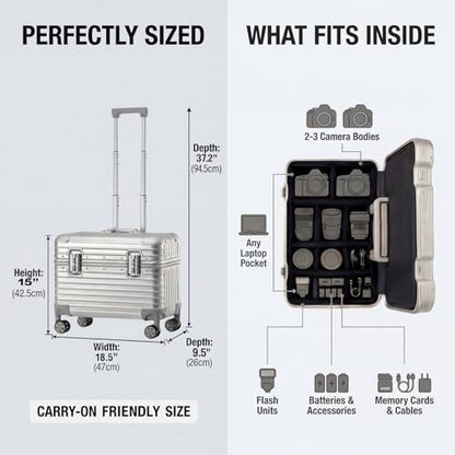 Full Aluminum Rolling Camera Bag 18" Camera Case | Wheeled Photography Gear Case, Carry-on Luggage, Dual TSA locks, Detachable Wheels & Dividers, Fits 17" laptop, DSLRs & Lens