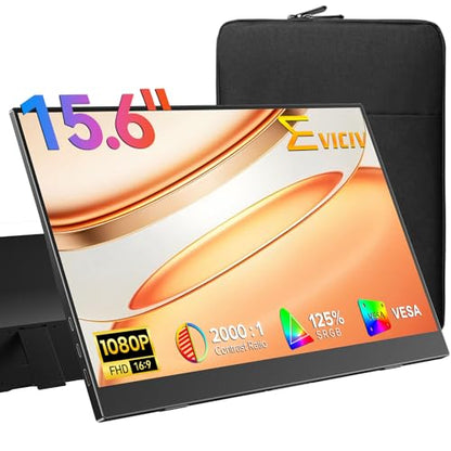 EVICIV Portable Monitor 15.6", 125% sRGB 1080P IPS Laptop Monitor | 350 Nits, 2000:1 Contrast, USB-C & MINI HDMI, VESA & Case, Ultra-Slim Travel Second Screen for Computer, Game Consoles - size: 15.6-Inch