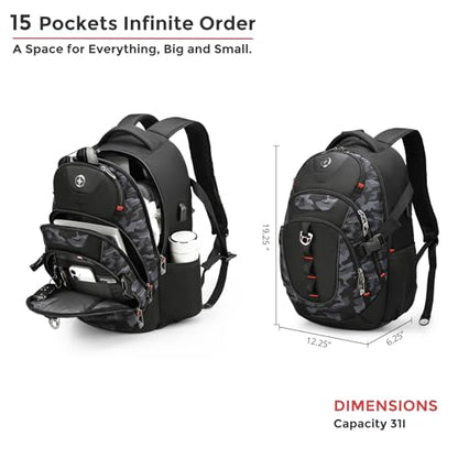 Swissdigital Design Laptop Backpack with USB Charging Port, Travel Backpack Fits 15.6 inches Computer, 31L College School Backpack for Men, Gray Camo | SD803-91 - color: Gray Camo