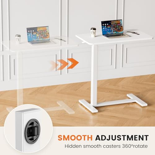 Mobile Standing Desk with Wheels, Rolling Laptop Table, Adjustable Overbed Table for Hospital & Home Use, Compact & Sturdy, Modern White
