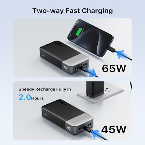 NOBIS 20000mAh Battery Pack Power Bank 65W Power Bank, Portable Charger with Digital Display, Dual USB-C/USB-A Fast Charging for Laptop, Phone, Tablet, Travel-Friendly External Battery Pack - color: Black