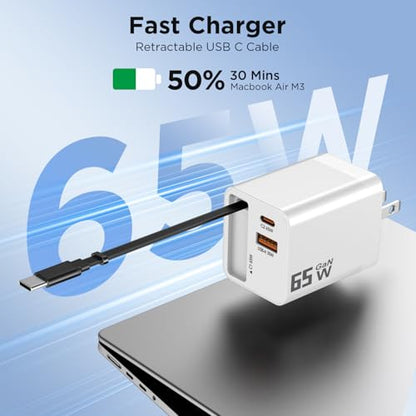 65W GaN USB C Charger with Retractable Charging Cable, 3 in 1 Power Adapter | travel charger for MacBook, iPhone 17 16 15, Samsung Galaxy S24, iPad, multi port compact wall charging block, White - color: White