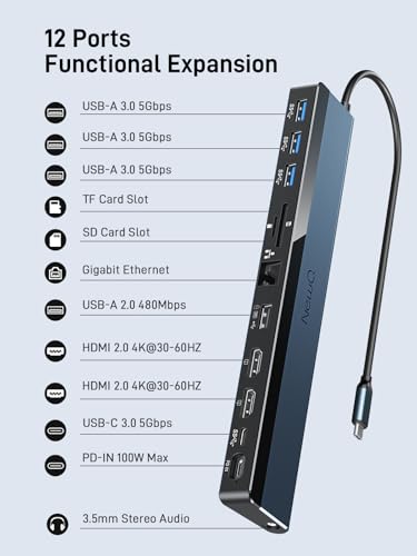 USB C Docking Station Dual Monitor with USB-C 100W Charger, 12-in-1 Laptop Dock with Dual HDMI 4K@30~60Hz, PD 100W, 5Gbps USB Ports*4, SD/TF Slot, Ethernet, Audio for MacBook/Dell/HP/Lenovo/Asus/Acer - style: with 100W Charger