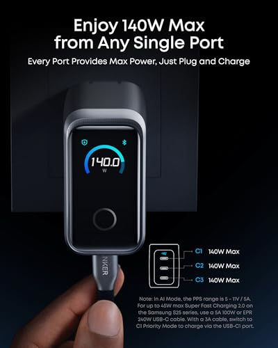 Anker Prime Charger, 160W Max 3-Port GaN Charger, for MacBook Pro Charger | Smart Display, Touch Control, Up to 140W Fast Charging for One Device,for MacBook Pro/Air, iPhone 17/16 Series,Samsung Galaxy