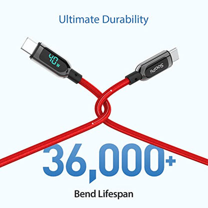 SOOPII 100W USB C to USB C Cable,[4ft,2-Pack],Nylon Braided Fast Charging Cable with LED Display for lPhone 15/15 Pro/15 Plus,lPad Air,MacBook Pro, Galaxy S24/S23(Red) - color: Red, size: 1.2M 2Pack - 100W