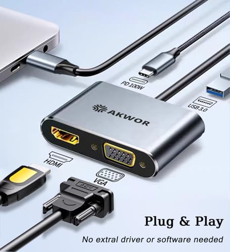 USB C to HDMI VGA Adapter for Dual Monitor, 4 in 1 USB C Hub with 4K HDMI, 1080P VGA, USB 3.0 5Gbps, 100W PD, Laptop Docking Station Compatible for MacBook Air/Pro, Dell XPS, Surface, iMac More