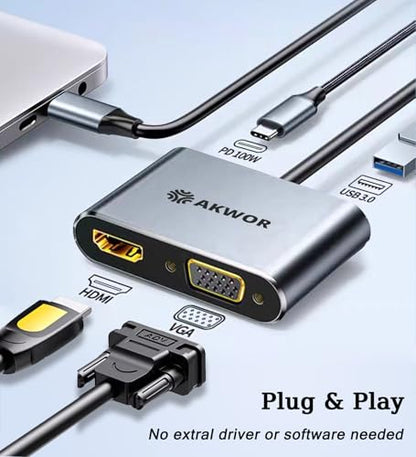 USB C to HDMI VGA Adapter for Dual Monitor, 4 in 1 USB C Hub with 4K HDMI, 1080P VGA, USB 3.0 5Gbps, 100W PD, Laptop Docking Station Compatible for MacBook Air/Pro, Dell XPS, Surface, iMac More