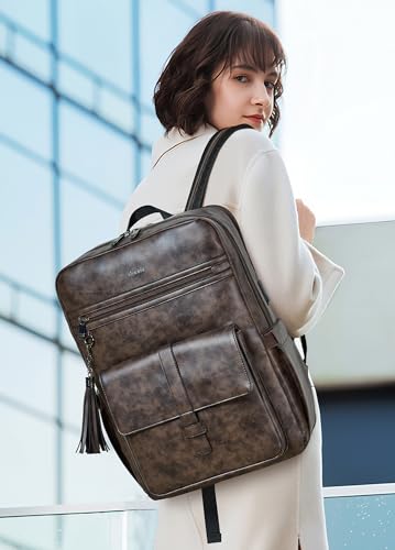 16 inch Vegan Leather Laptop Backpack with USB Charger | Smart Computer Backpack For Men and Women,Back Pocket Convert Luggage Sleeve,20L Large Capacity,Business Work Office College - color: Two-toned Coffee