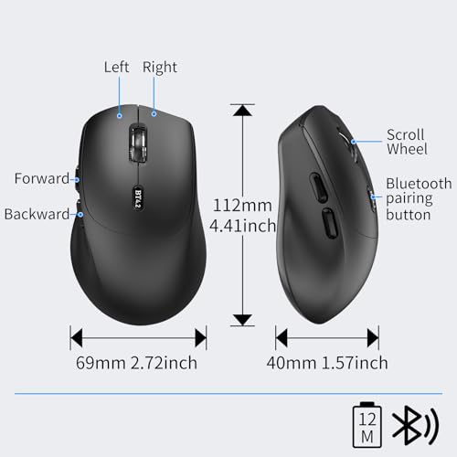 Bluetooth Mouse, Ergonomic Wireless Mouse for Medium to Large Sized Right Hands, Without USB Receiver, 6 Buttons, 1600 DPI, Cordless Computer Mice for Laptop Chromebook Tablet Windows - Black
