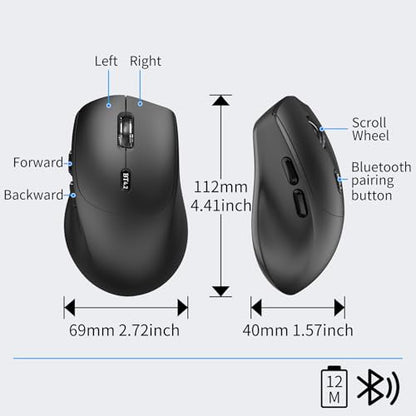 Bluetooth Mouse, Ergonomic Wireless Mouse for Medium to Large Sized Right Hands, Without USB Receiver, 6 Buttons, 1600 DPI, Cordless Computer Mice for Laptop Chromebook Tablet Windows - Black