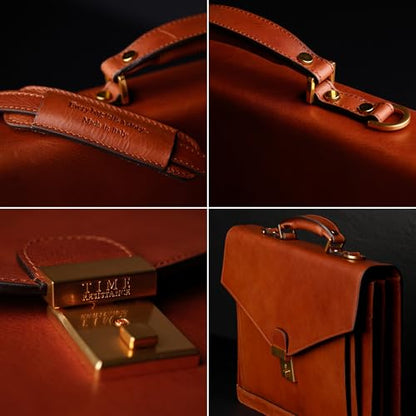 Time Resistance Leather Briefcase for Men - Business Laptop Bag - Italian Handmade Leather Bag - Attache - Gift Box Included - color: Cognac Brown