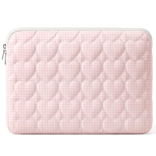 13-14 inch Cotton Quilted Laptop Sleeve for Women, Aesthetic Puffy Laptop Case Carrying Bag Compatible with MacBook Air/Pro 13/Pro 14, Soft Computer Liner Bag (Pink Gingham, 13.3inch) - color: Pink Gingham, size: 13.3 inch
