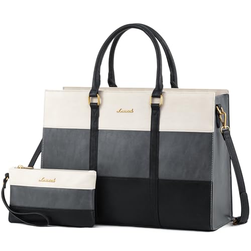 LOVEVOOK Laptop Bag for Women 17.3 Inch Laptop Tote Bag Vintage Leather Work Bags for Women Professional Computer bag | Two-piece set - color: Black - Dark Gray - Beige, size: 17.3 inch