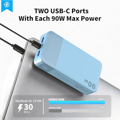 NOBIS Power Bank 90W 20,000mAh Laptop Portable Charger | PD Fast Charging Battery Pack, 4-Port, Digital Display, Compatible Laptop, Tablet, Phone and More - color: Blue