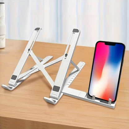 Portable Laptop Stand with Phone Holder, Adjustable Foldable Computer Riser for Desk, Lightweight Ergonomic Tablet Mount for 10-15.6", White