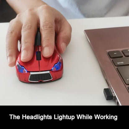 Car Mouse for Computer, Wireless Car Shaped Mice for Laptop, PC, Mini Cute Mouse with 2.4Ghz USB Receiver, 3D, 1600DPI, Silent Clicks, LED Headlights (Red) - color: Y-Red