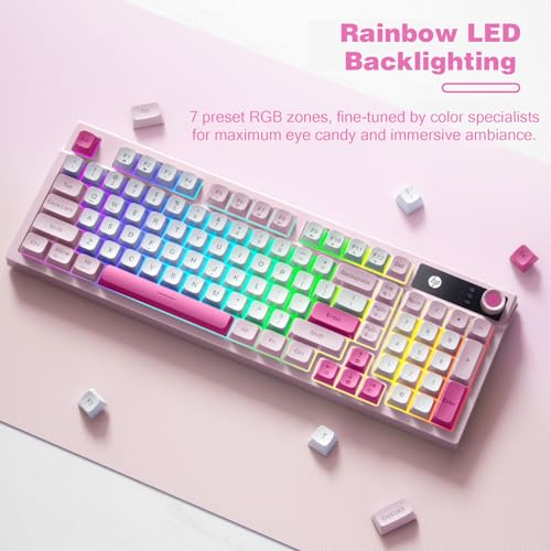 HP K500F Mechanical Gaming Keyboard, 75% Layout with RGB Backlit, Light Sound, Bluetooth/2.4GHz/USB-C Compatible with Windows/Mac/PC - Pink