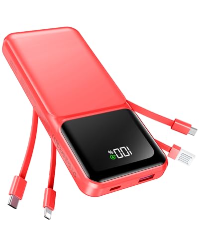 RONEGN Portable Charger with Built in Cable -20000mAh Fast Charging Power Bank USB C Slim 22.5W LED Display Battery Pack 5 Outputs & 3 Inputs for Travel Essentials iPhone Samsung Phones Red - color: Red