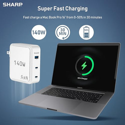 Sharp 140W USB C Charger, Compact Foldable GaN Fast Charge 3-Port (2 USB-C, 1 USB-A) Wall Charger for MacBook Pro/Air, iPad Pro, iPhone 15, Galaxy S22/S21, Dell XPS, White - color: White