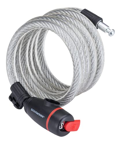 Schwinn Bike Cable Lock with Keys, 6 ft x 12 mm, Black & Silver, Durable Steel, Protective Vinyl Cover, Carrying Bracket for Transport, Anti Theft Protection, Bike Lock Cable for Security