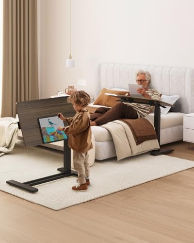 FLEXISPOT H7 PRO 90° Tiltable Mobile Overbed Table with Pneumatic Lift,28'' | Foldable bedside table with adjustable desktop for laptop, Rolling Computer Cart and bed sofa.27.6" W x 15.7" D,Rustic Brown - color: Rustic Brown, size: 28x16