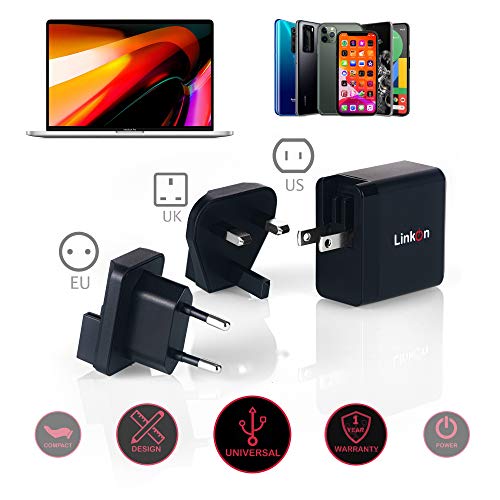 LinkOn Ganius 65W Wall Charger GaN Tech 65W USB-C PD3.0 PPS and 18W USB-A QC4.0+ Compatible with MacBook HP Dell Lenovo Surface Samsung Galaxy S20 Ultra Note 10+ Portable Laptop Travel International - color: Black 65W
