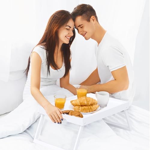 Bamboo Bed Tray Tables with Folding Legs, Medium, 2-Pack, White | Two FSC-certified bamboo bed trays with folding legs, handles and raised edges for meals, laptops, reading and serving. - color: White, size: Medium - 2pc