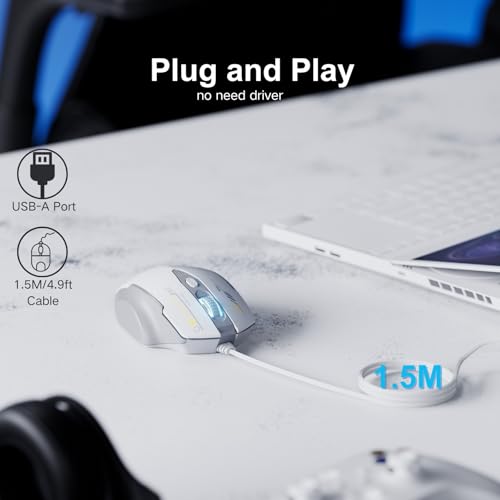 Uineer Wired Mouse, USB-A Computer Mouse with 6 Buttons,Adjustable | Plug-and-play USB-A wired connection with 6 programmable buttons, 7200 DPI and a 1.5 m cable. - color: White