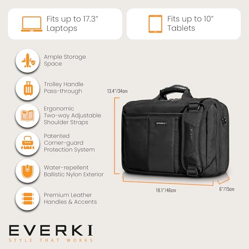 EVERKI Versa Laptop Briefcase Bag for Men & Women, Black - 17.3 Inches | Premium Leather Ballistic Nylon, Heavy-Duty, Water-Resistant, Business, Travel-Friendly Bag, Multiple Pockets, 25 Liters