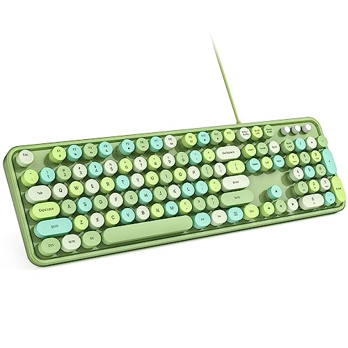 MOWUX Computer Keyboard Wired, Plug and Play USB Retro Round Typewriter Keyboard, Full Size Wired Keyboard with Foldable Stands for Laptop and Office PC- Green Colorful - color: Green Colorful
