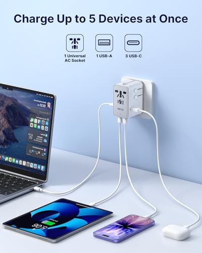 VINTAR 70W GaN Universal Travel Adapter, 5 in 1 with 3 USB-C PD& 1 USB-A QC | International Power Adapter with 70W GaN Fast Charging, All-in-one for EU UK USA AUS, Worldwide Travel Essentials, White - color: 70W White2