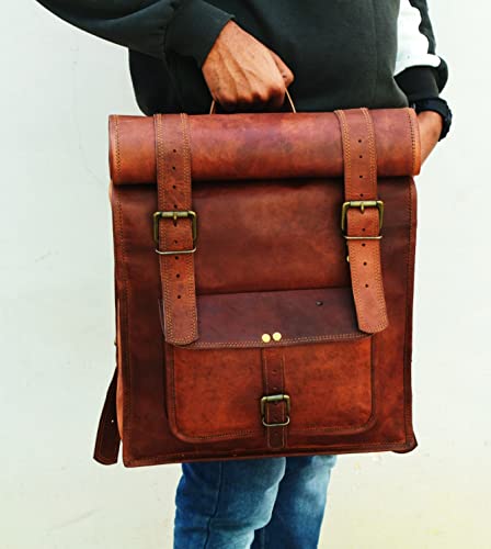 URBAN DEZIRE Men's 17 inch Leather Vintage Roll On Laptop Backpack Rucksack knapsack college bag - size: 14"(L), 18"(Rolled) -(H)- 24"(Open), 4(W)