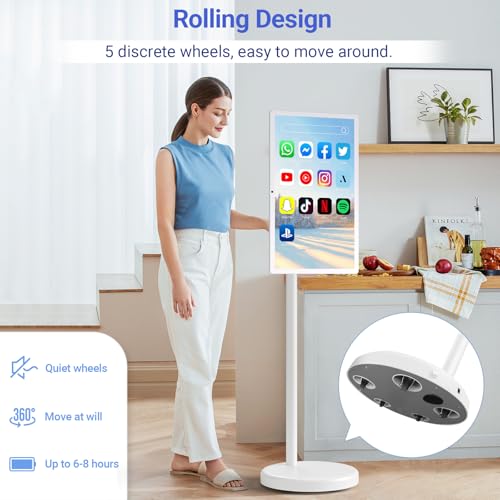 22-Inch Portable TV on Wheels, 1080p Portable Touch Screen Monitor, EDLA-Certified, Smart Rolling TV Built-in 13MP Camera, Built-in Battery Operated TV | Android 15 | 6+128G
