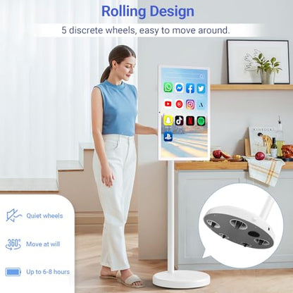 22-Inch Portable TV on Wheels, 1080p Portable Touch Screen Monitor, EDLA-Certified, Smart Rolling TV Built-in 13MP Camera, Built-in Battery Operated TV | Android 15 | 6+128G