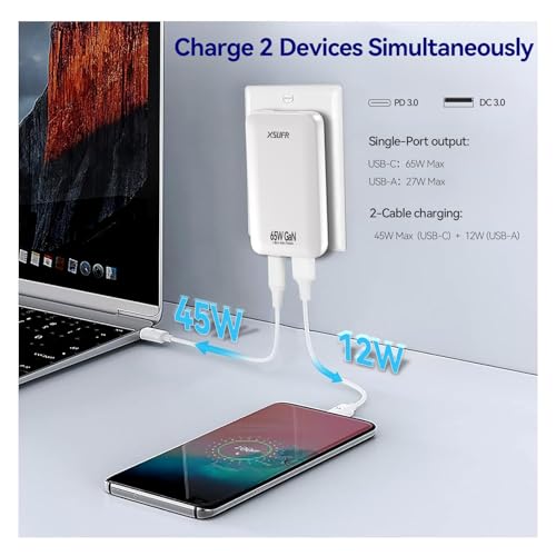 65W Flat USB c Wall Charger,Folding Travel Dual Port USB Wall Charger, for Laptops, Tablets, Phones, Black (White-New) - color: White-No Cable