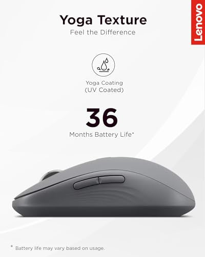 Lenovo Yoga Bluetooth Silent Mouse, 3 Level DPI Adjustment, 36 Month Battery Life, Bluetooth 5.3, 3 Device Paring, Whisper Quiet, Programmable Buttons, Smooth Finish, Luna Grey - color: Luna Grey