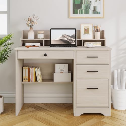 4 EVER WINNER Small Desk with Drawers for Small Spaces, 44'' Computer Desk with File Cabinet & Monitor Stand, Wood Writing Desk for Bedroom, Living Room, Off White - color: Off White
