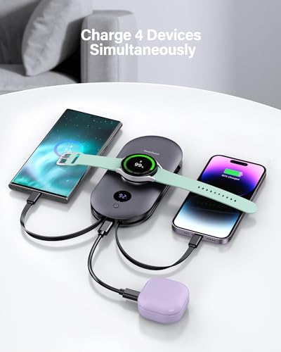 Portable Charger for Samsung Watch Ultra 2/8/7/6/5, 10000mAh Power Bank | Built-in Cables and AC Wall Plug, Travel Battery Pack for iPhones and Samsung Phones, SwanScout 302S