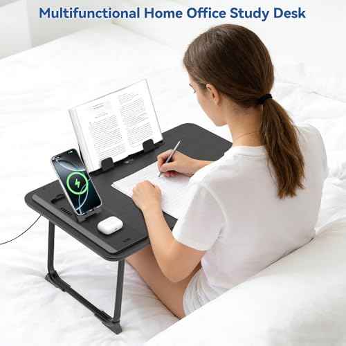 Lap Desk Bed Table with Wireless Charger - Foldable Large Laptop Tray with Tablet Slot and Book Shelf, No Assembly Table for Couch Chair Floor for Sturdy, Writing, Studying Eating, and WFH
