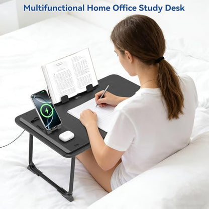 Lap Desk Bed Table with Wireless Charger - Foldable Large Laptop Tray with Tablet Slot and Book Shelf, No Assembly Table for Couch Chair Floor for Sturdy, Writing, Studying Eating, and WFH