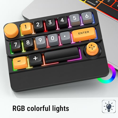 Asixxsix Number Pad, RGB 15 Keys Hot Swappable Wireless Numeric Keypad Macro Programmable Rechargeable Number Keypad with 3 Mode USB C 2.4G Bluetooth for Laptop Desktop Computer PC (Yellow Black Blue) - color: Yellow Black Blue