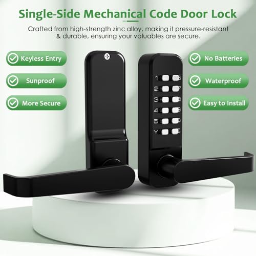 High-Security 12 Digit Keypad Mechanical Door Lock - Keyless Entry, Code Combination Lock with Handle, Waterproof & Rustproof, No Battery, Easy to Install, BH-MDLS0030202 - color: Matte Black - Square