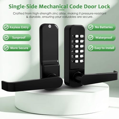 High-Security 12 Digit Keypad Mechanical Door Lock - Keyless Entry, Code Combination Lock with Handle, Waterproof & Rustproof, No Battery, Easy to Install, BH-MDLS0030202 - color: Matte Black - Square