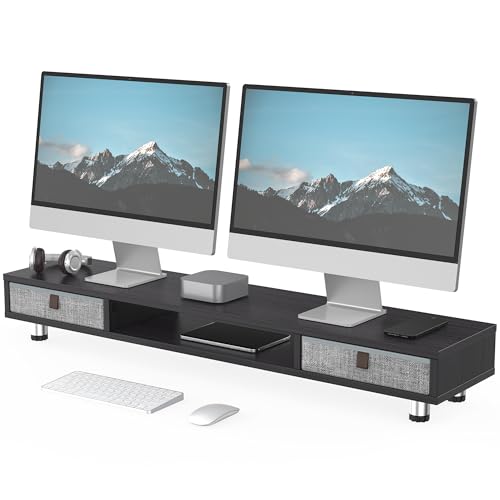 Fenge Dual Monitor Stand, 2-Tier Desk Organizer with Drawers, 42.5in, Black | Monitor Riser with Storage, Ergonomic Height Adjustable Computer Stand, Desk Shelf for Top of Desk, Laptop, PC, TV - color: Black